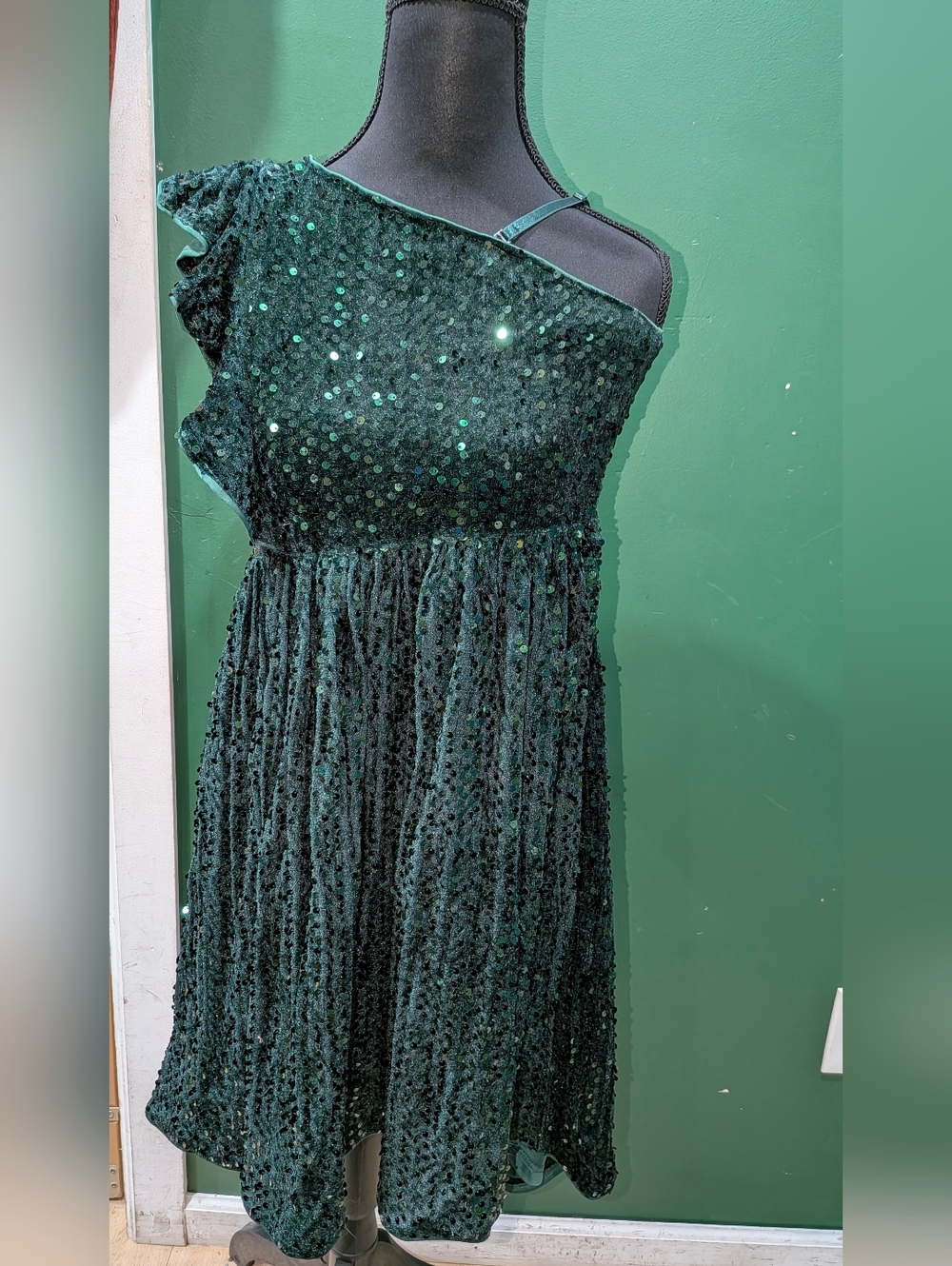 Grace Karin Dark Green One-Shoulder Sequin Party Dress